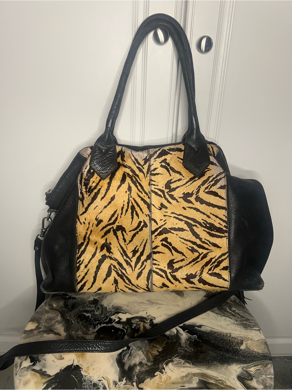 Y2K Shoestock Tiger Calf Hair Leather Satchel Fringe Bag